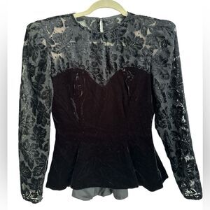 VTG Algo Boutique Velvet Peplum Blouse Sheer Floral Sleeves Sweetheart Size 9